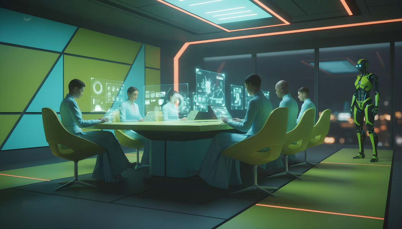 Google Nano Banana: Futuristic 2050-themed conference room with an abstract composition of people sitting in chairs, using #d8e301 and #00d8ff as base colors, featuring geometric patterns and futuristic technology, AI robot in the corner, set during a business meeting.